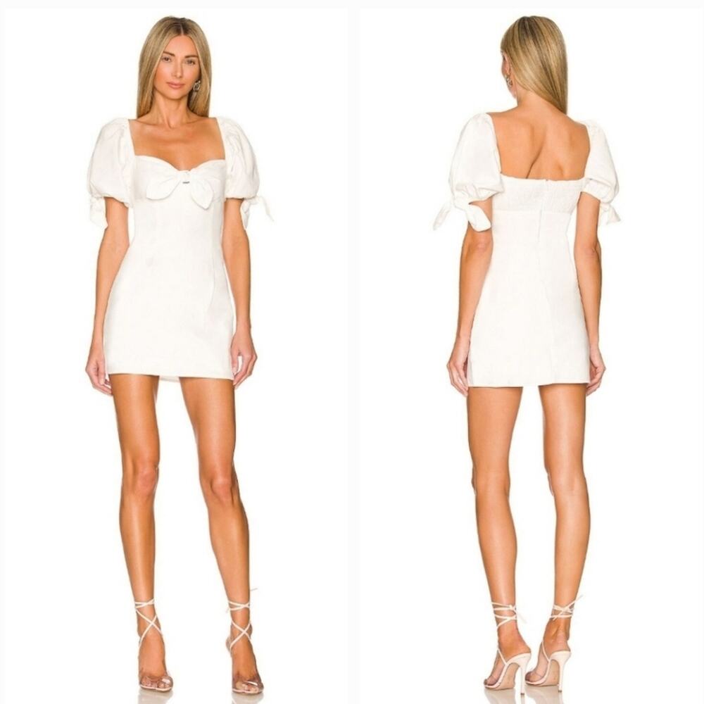 White Puff-Sleeve Mini Dress with Bow Detail